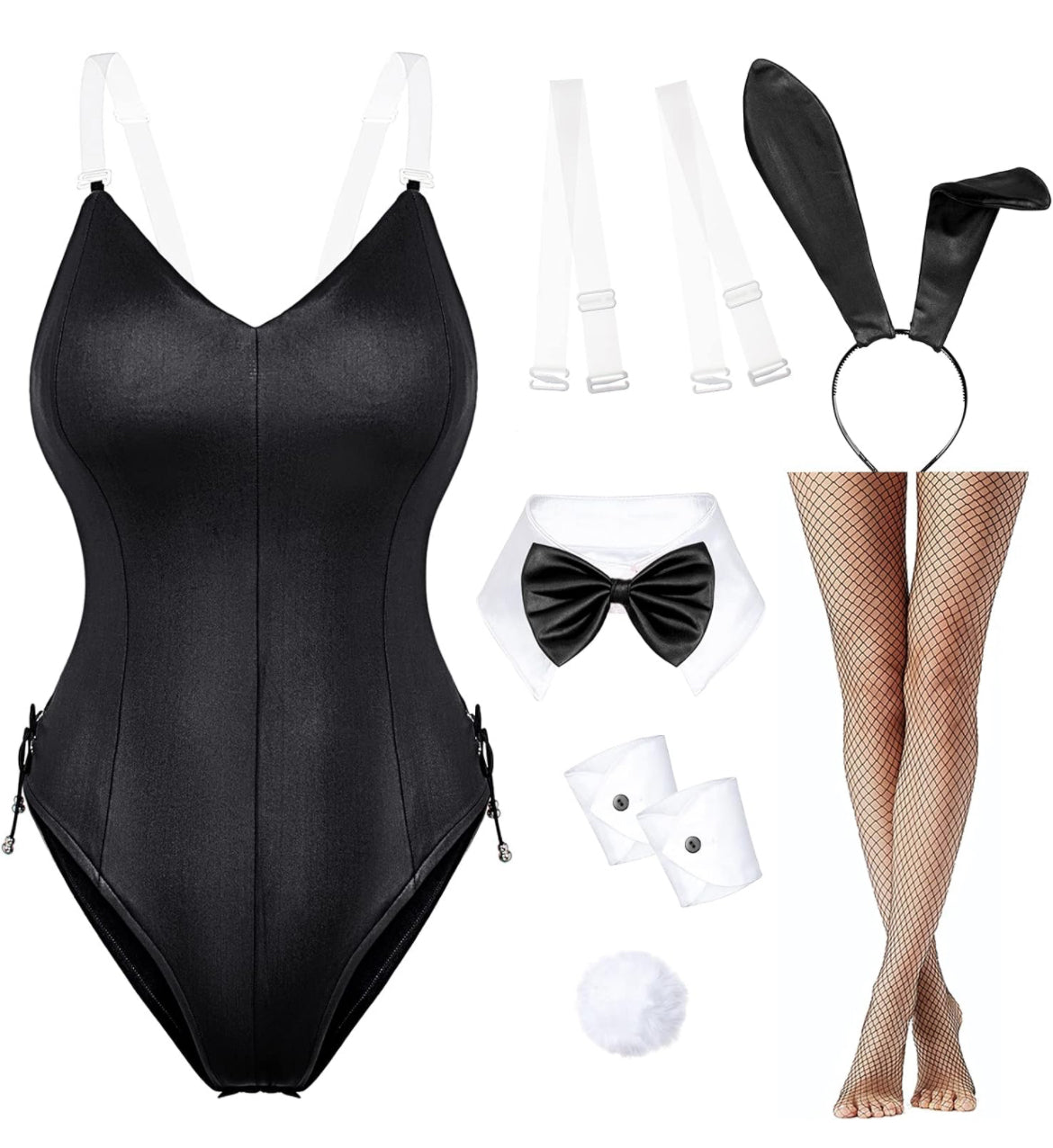 Conjunto de traje de disfraz de conejito para mujer, una sola pieza, con accesorios, Negro, S