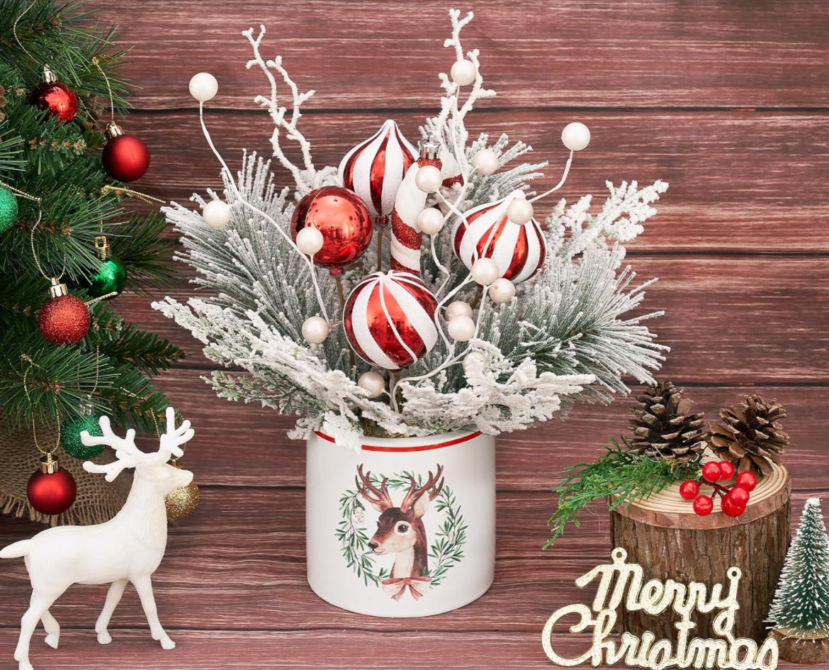 Decoración de mesa de Navidad de 12 pulgadas en maceta de cerámica con aguja de pino flocado de bayas blancas y rojas, adornos decorativos para árbol de vacaciones, mesa, centro de mesa