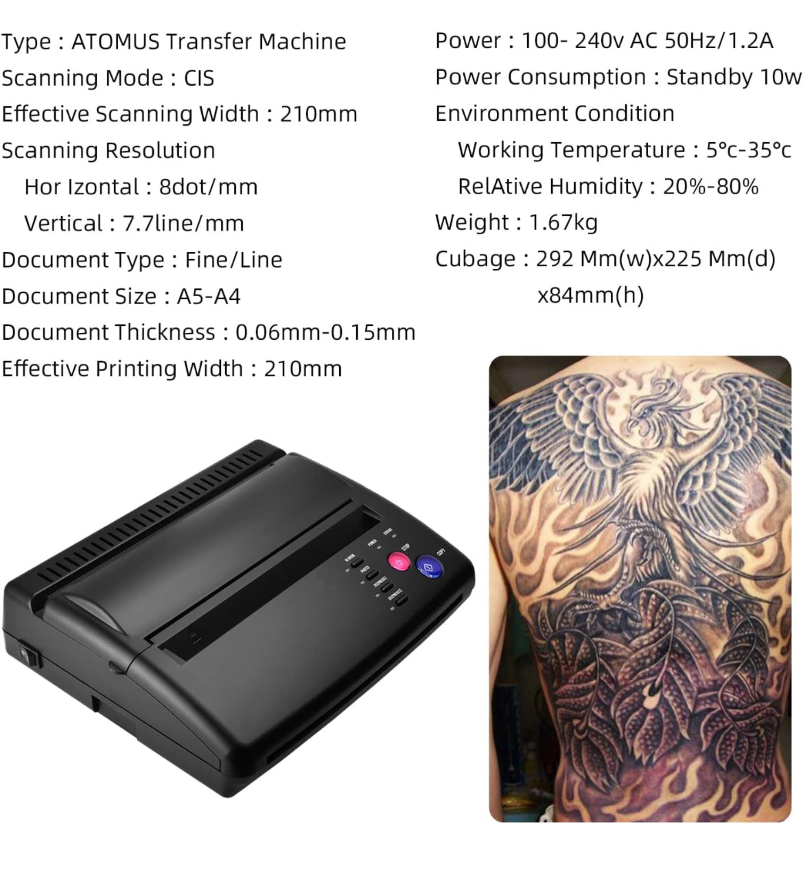 ATOMUS Máquina de transferencia de tatuajes Impresora Tatuaje Transferencia Stencil Máquina Copiadora 116F
