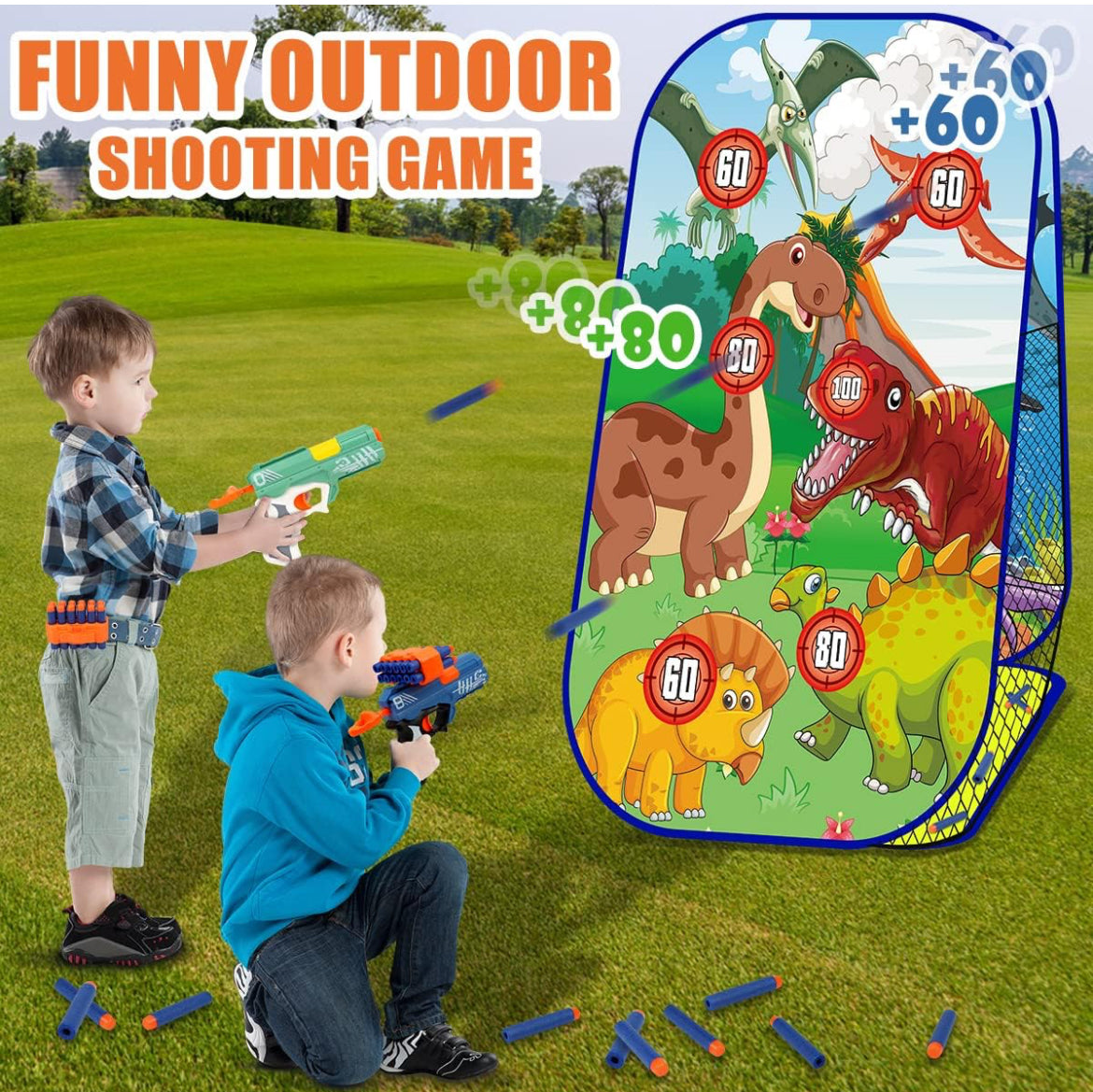 Juego de disparos de dinosaurios para niños de 5 a 10 años, objetivo de doble cara con 2 lanzadores de dardos de espuma y 40 dardos, juguetes de pistola para exteriores y regalos