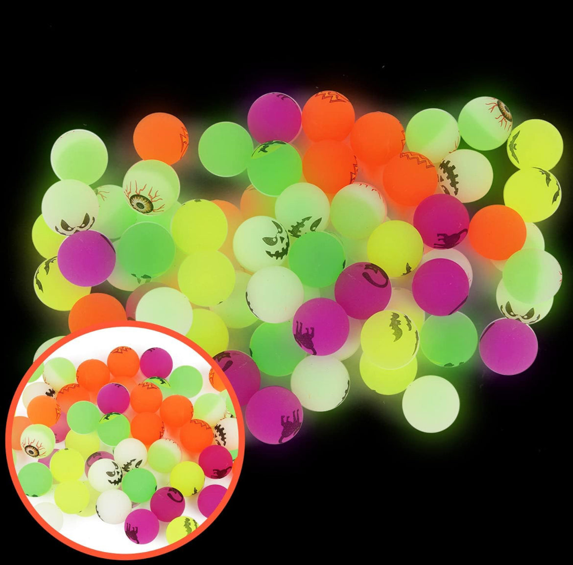 72 bolas rebotadoras de Halloween, bolas inflables que brillan en la oscuridad, juguetes para niños, decoración de fiesta de Halloween, rellenos de bolsas