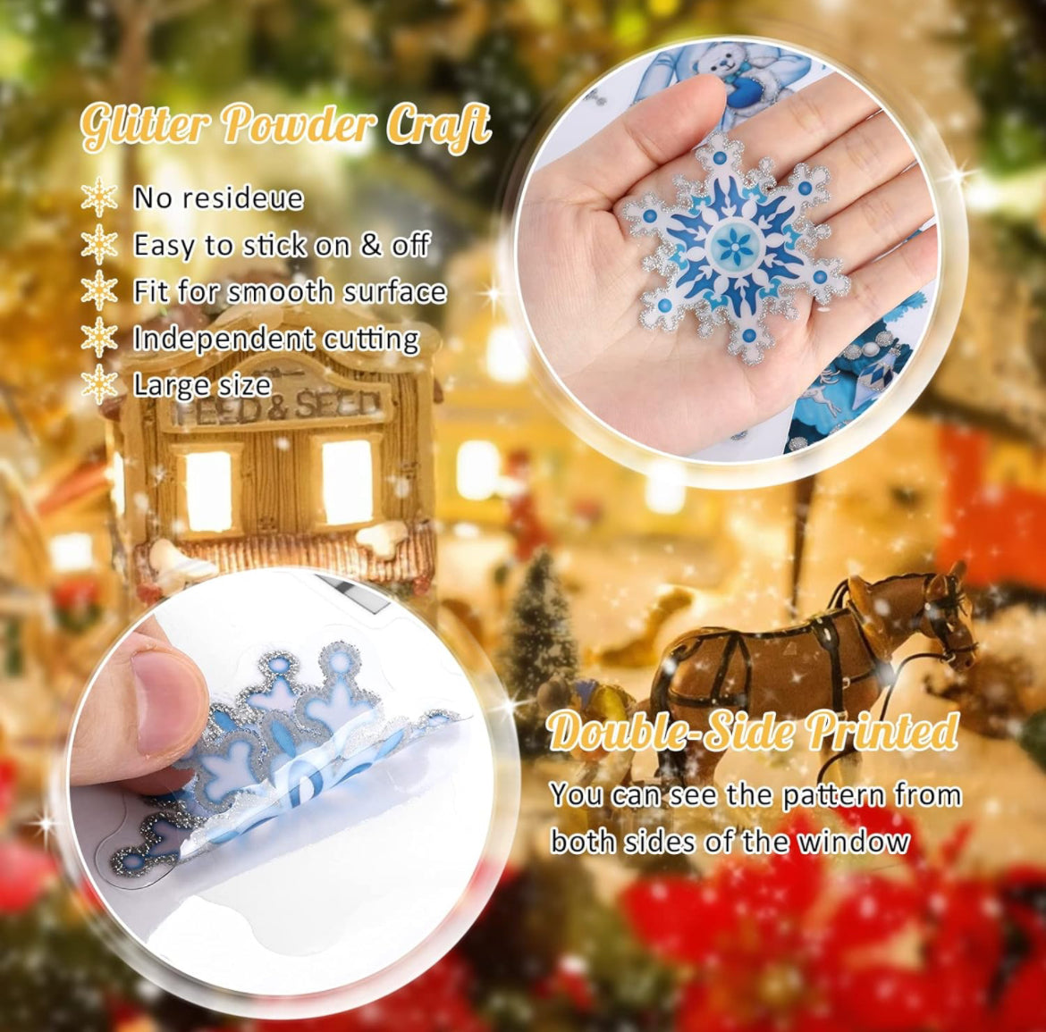 Adhesivos de Navidad para ventanas de vidrio, Santa Claus, calcomanías de ventana de Navidad, calcomanías de ventana de Navidad, calcomanías de copo de nieve con purpurina para ventanas de invierno,