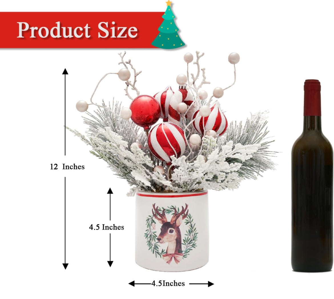 Decoración de mesa de Navidad de 12 pulgadas en maceta de cerámica con aguja de pino flocado de bayas blancas y rojas, adornos decorativos para árbol de vacaciones, mesa, centro de mesa