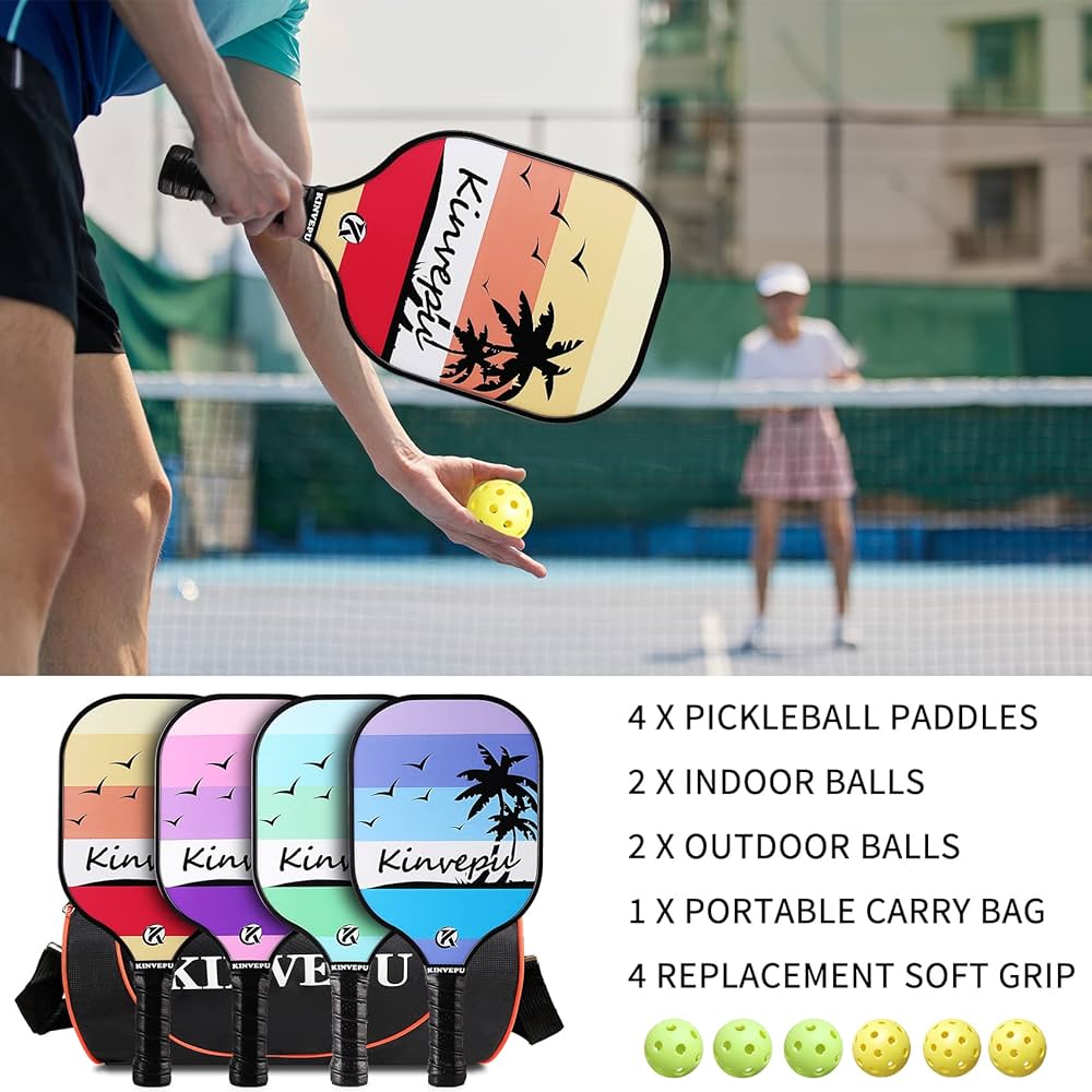 Pickleball Paddles - Juego de 4 palas de pickleball, juego de 4 raquetas de pickleball de grafito incluye juego de 4, 6 bolas, 1 bolsa y 4 agarres de pickleball