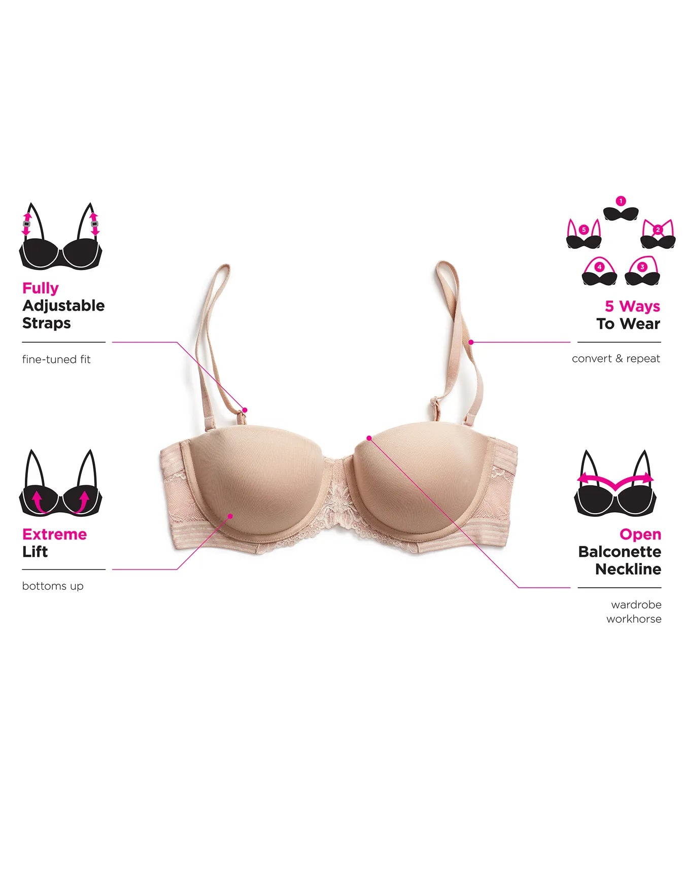 Sujetador push-up multiposición sin tirantes
#SE1102 talla 36C