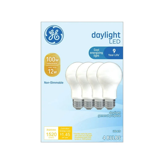Bombillas LED GE, 100 vatios, luz diurna, bombillas A19, base media, acabado esmerilado, 9 años, 4 piezas