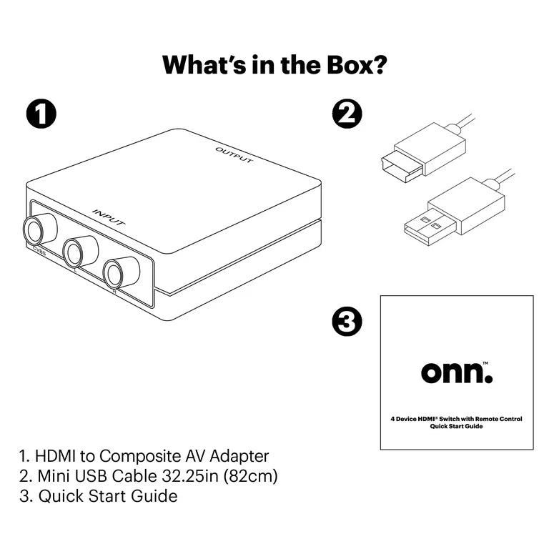Onn. Adaptador HDMI a AV compuesto, cable Mini-USB de 2,6 pies, adaptador de pared USB de 4,1", negro,