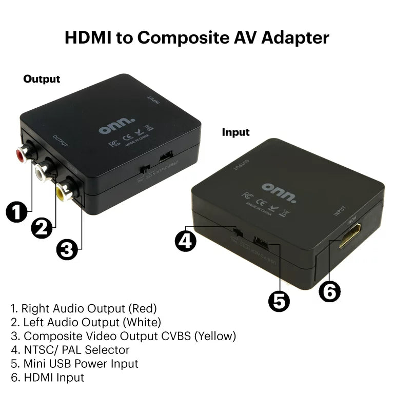 Onn. Adaptador HDMI a AV compuesto, cable Mini-USB de 2,6 pies, adaptador de pared USB de 4,1", negro,