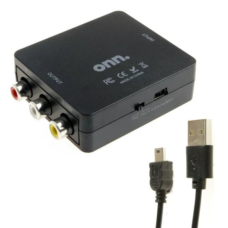 Onn. Adaptador HDMI a AV compuesto, cable Mini-USB de 2,6 pies, adaptador de pared USB de 4,1", negro,