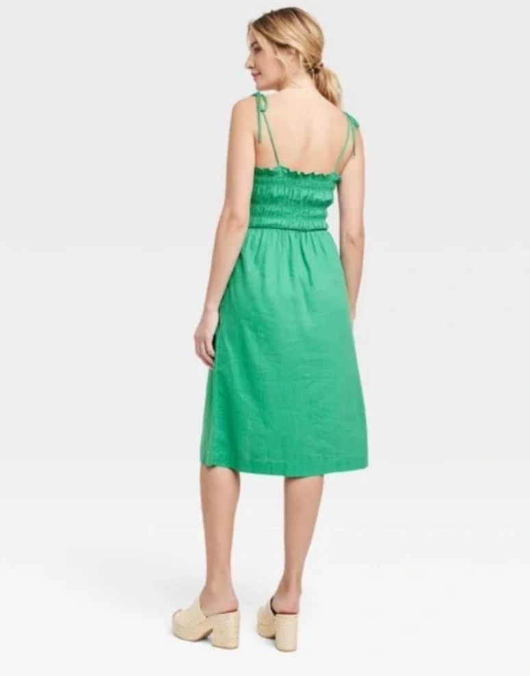 Para mujeres Universal Hilo Sin mangas Botones Frontal Lino Vestido Verde - talla M