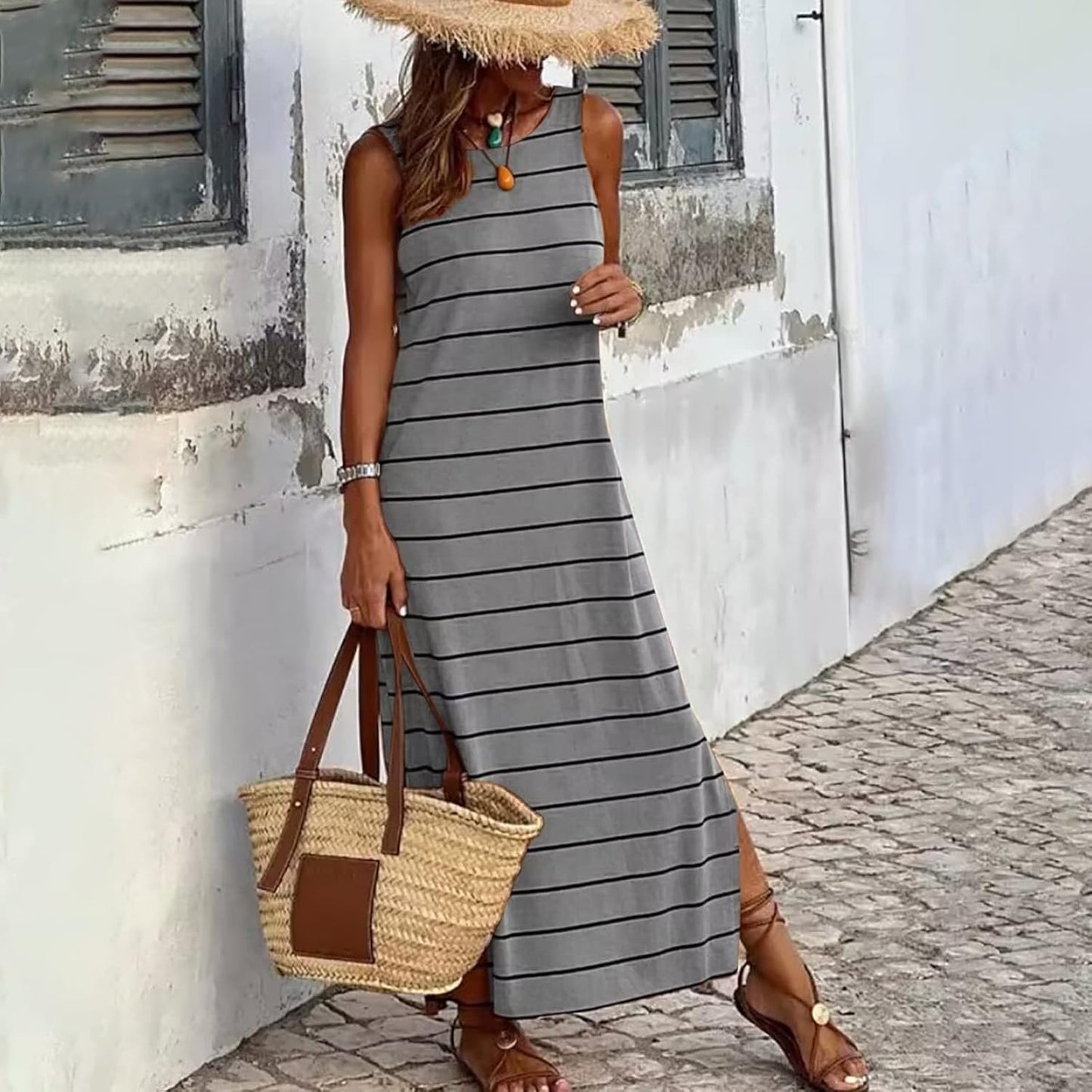 Vestido largo liso a rayas sin mangas vacaciones abertura lateral casual suelto vestido talla XXL
