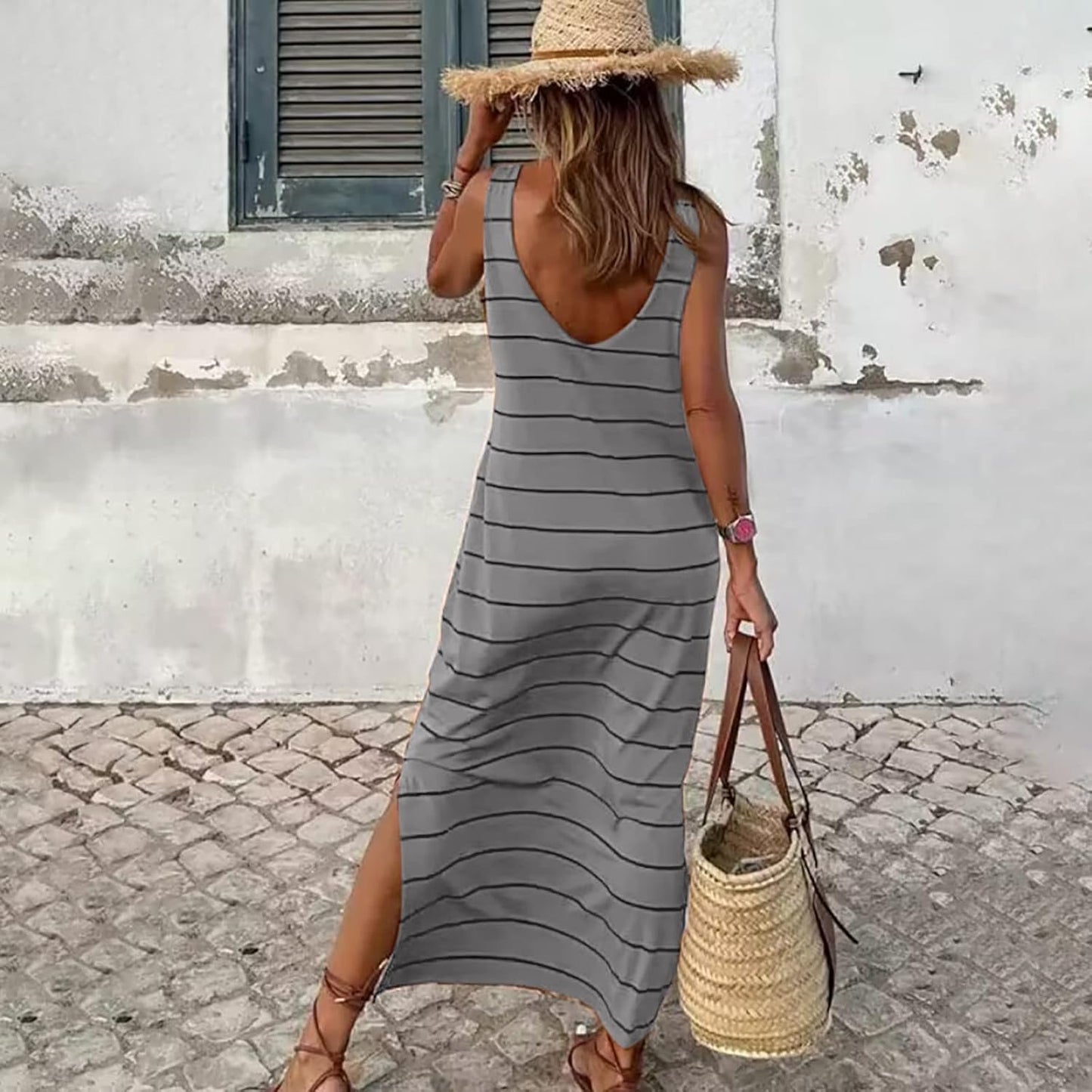 Vestido largo liso a rayas sin mangas vacaciones abertura lateral casual suelto vestido talla XXL