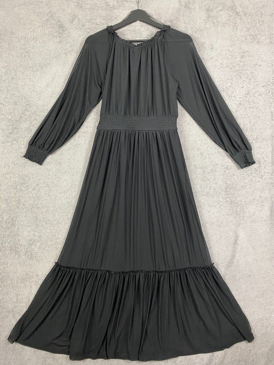Maxi Vestido Knox Rosa Mujer talla XS Negro Manga Larga Volantes Cuello Plisado Línea A Modesto