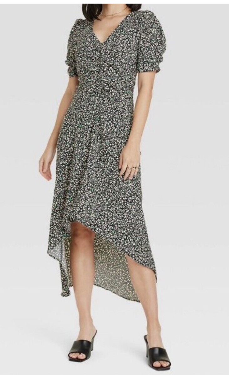 Vestido midi de manga corta de crepé para mujer A New Day Negro Verde Floral Talla L