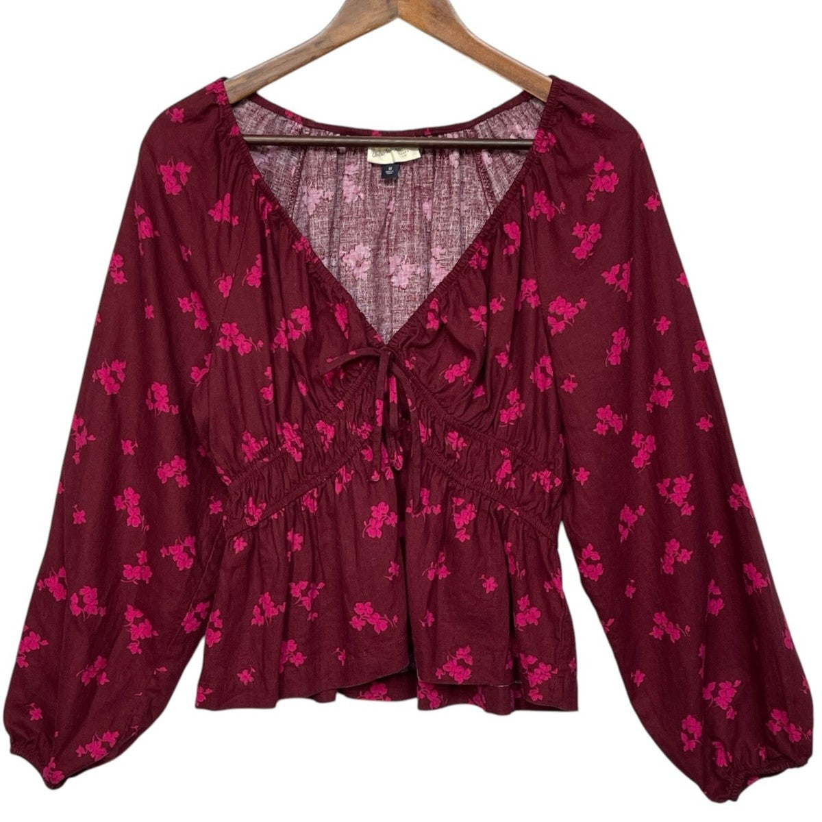 Top Babydoll de mujer, lino rojo, rayón, cuello en V, manga larga- universal Thread- talla Xl