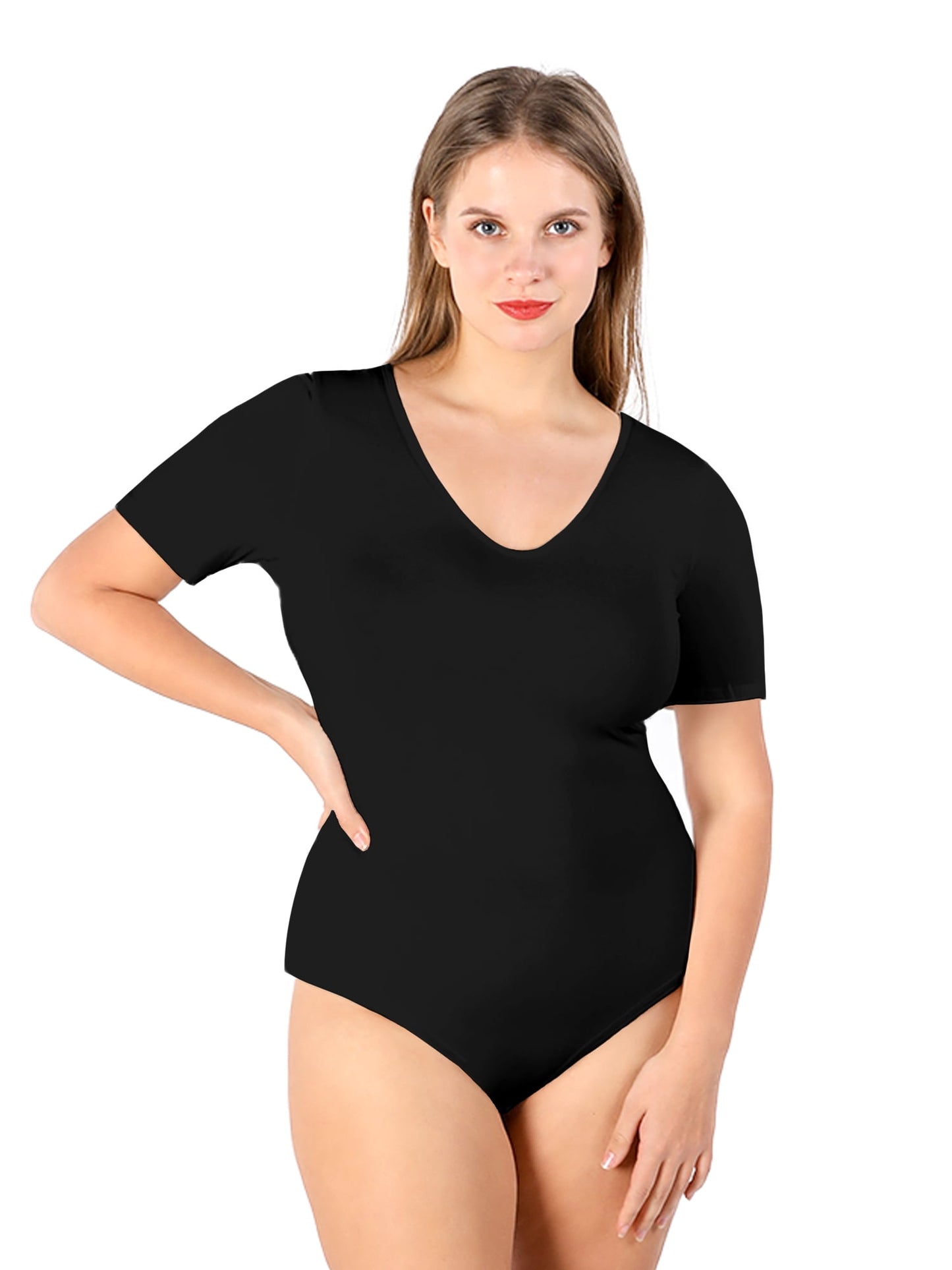Body POSESHE Talla grande con cuello en V, tejido suave y elástico, color Celeste - talla 3XL