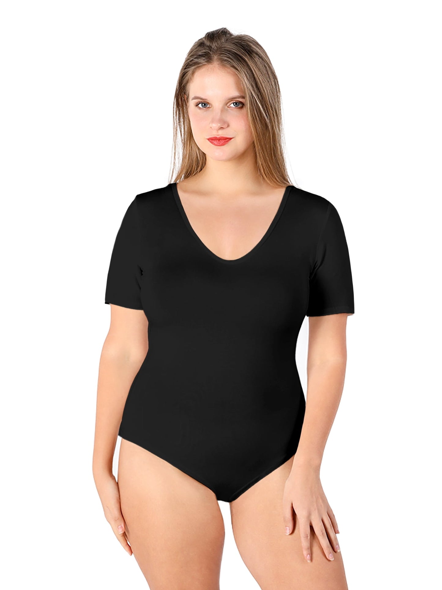 Body POSESHE Talla grande con cuello en V, tejido suave y elástico, color Celeste - talla 3XL