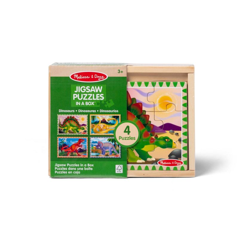 Juego de rompecabezas de madera para niños de Melissa & Doug Dinosaurs en una caja de almacenamiento - 4 piezas