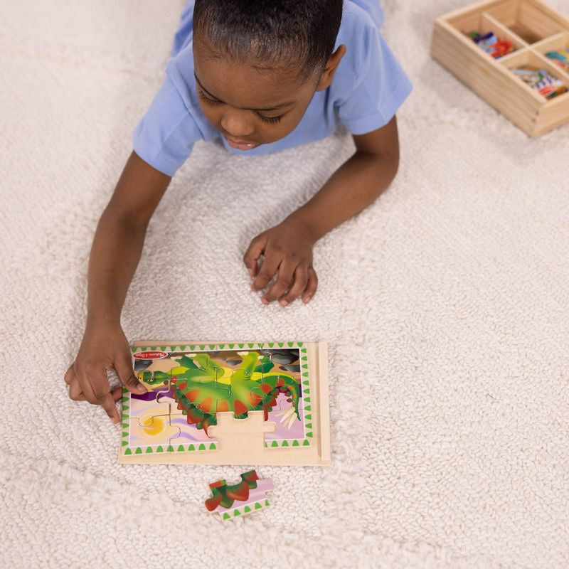 Juego de rompecabezas de madera para niños de Melissa & Doug Dinosaurs en una caja de almacenamiento - 4 piezas
