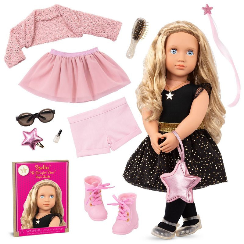 Nuestro kit de inicio de moda de generación en caja de regalo Stella con trajes y accesorios Mix & Match Muñeca de moda de 18"