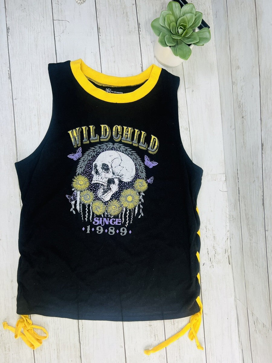 Blusa tipo Camiseta sin mangas negra Wild Child con gráfico de calavera - No Boundaries - talla XXL Juvenil (19) - talla S adulto