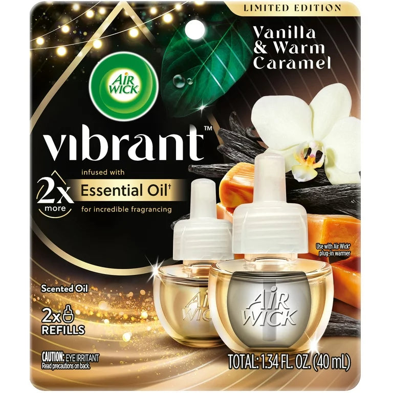 Air Wick Vibrant Plug in Relleno de aceite perfumado, 2ct, vainilla y caramelo caliente