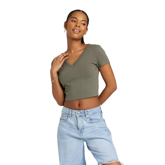 Wild Fable - Camiseta corta de manga corta con cuello en V para mujer - talla XS