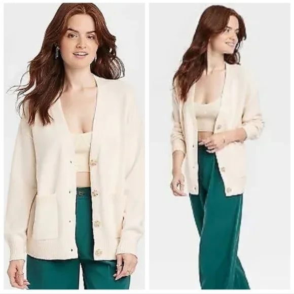 Cárdigan boyfriend de frente abierto color crema - a new day - Talla XL