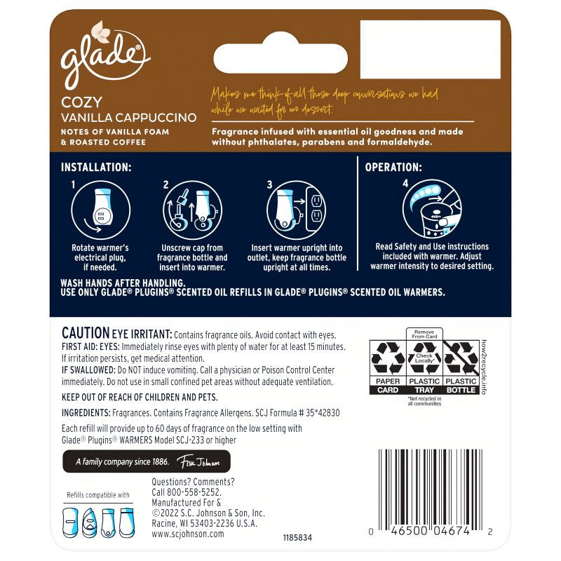 Glade PlugIns Scented Oil Air Freshener - Cozy Vanilla Cappuccino Refill - 1.34oz/2pk