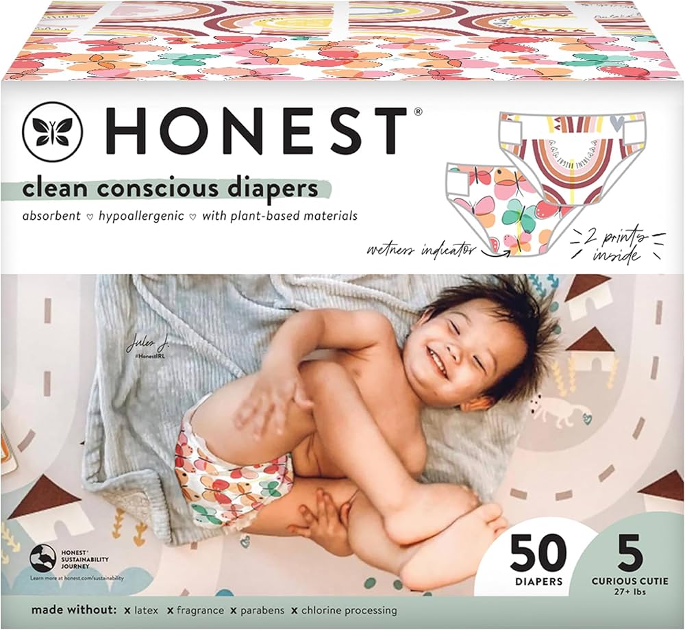 Pañales ecológicos de The Honest Company | De origen vegetal, sostenibles | Wingin' It + Catching Rainbows | Club Box, talla 5 (más de 27 libras), 50 unidades