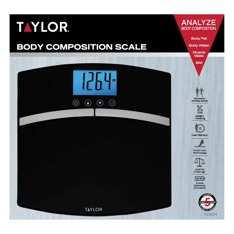 Báscula de composición corporal de vidrio Taylor con seguimiento de peso