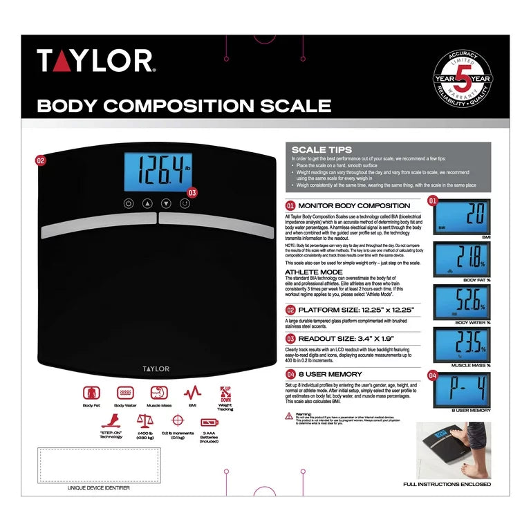 Báscula de composición corporal de vidrio Taylor con seguimiento de peso