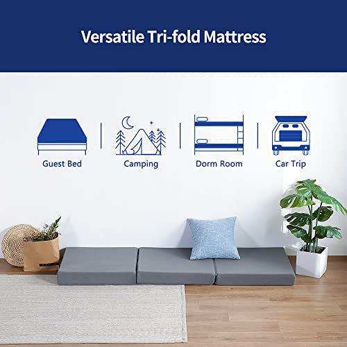 Topper de espuma de memoria Olee Sleep Tri-Folding, 4 pulgadas, gris, gemelo estrecho, alfombra de juego, cama plegable, cama de invitados, cama portátil