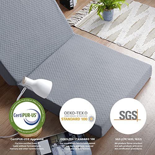 Topper de espuma de memoria Olee Sleep Tri-Folding, 4 pulgadas, gris, gemelo estrecho, alfombra de juego, cama plegable, cama de invitados, cama portátil