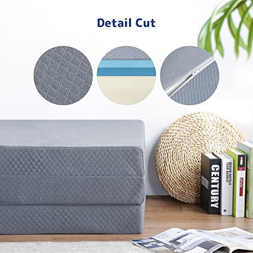 Topper de espuma de memoria Olee Sleep Tri-Folding, 4 pulgadas, gris, gemelo estrecho, alfombra de juego, cama plegable, cama de invitados, cama portátil