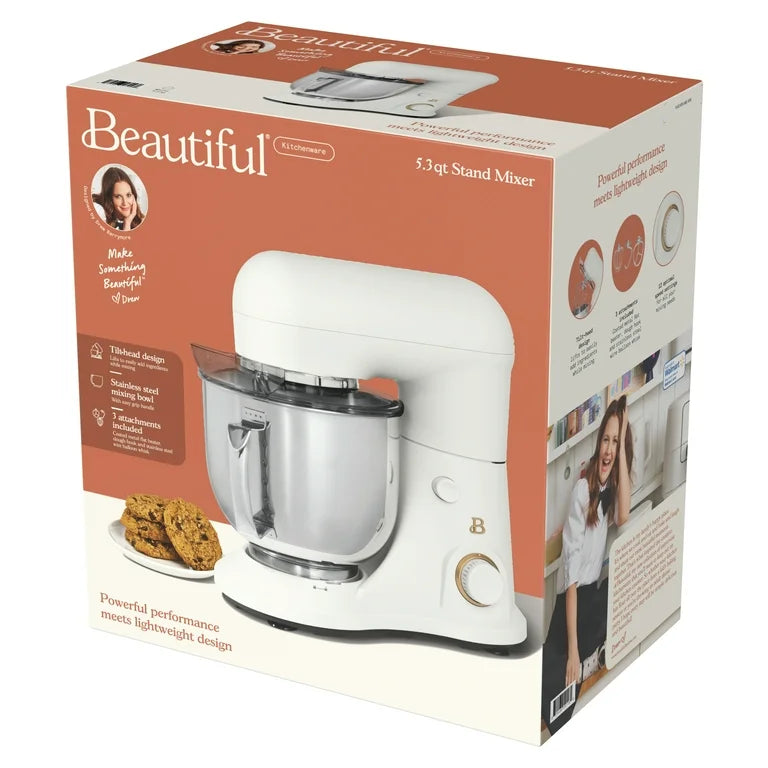 Hermoso mezclador de soporte de 5.3 Qt, ligero y potente con cabeza inclinable, glaseado blanco de Drew Barrymore
