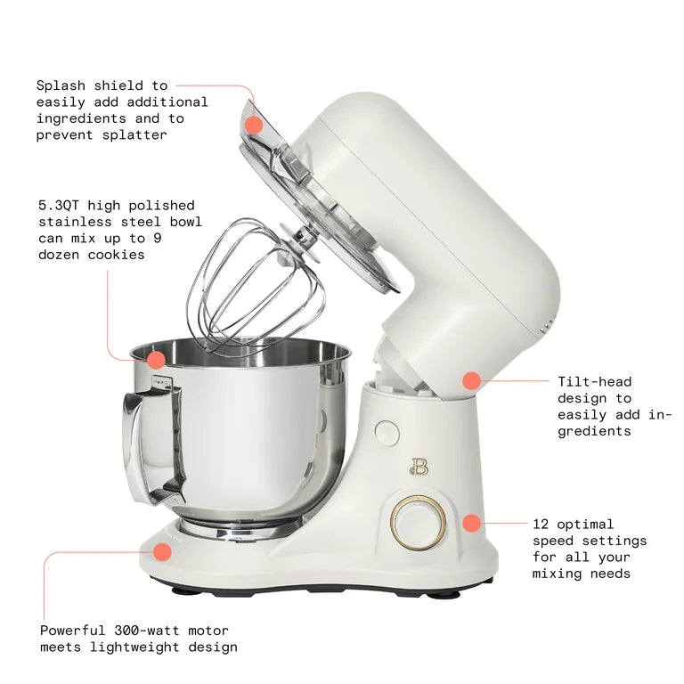 Hermoso mezclador de soporte de 5.3 Qt, ligero y potente con cabeza inclinable, glaseado blanco de Drew Barrymore