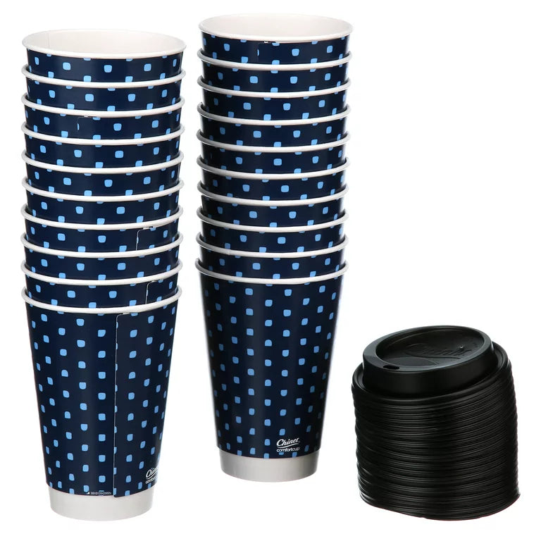 Tazas calientes de papel desechables Chinet Comfort Premium con tapas, 16 oz, 19 unidades