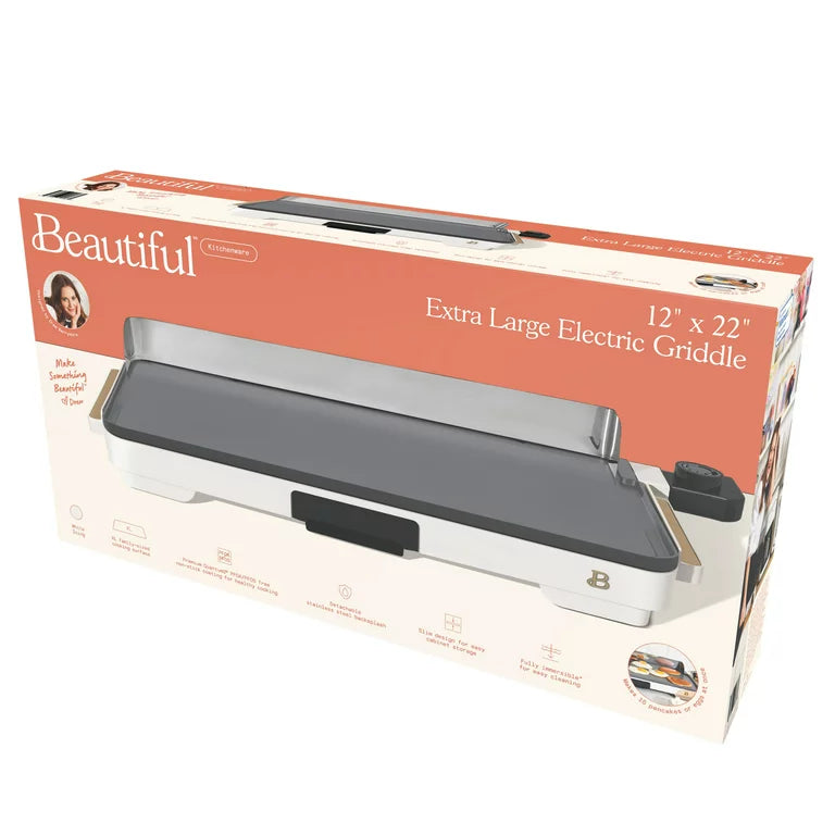Hermosa plancha eléctrica XL de 12" x 22" - Antiadherente, glaseado blanco de Drew Barrymore