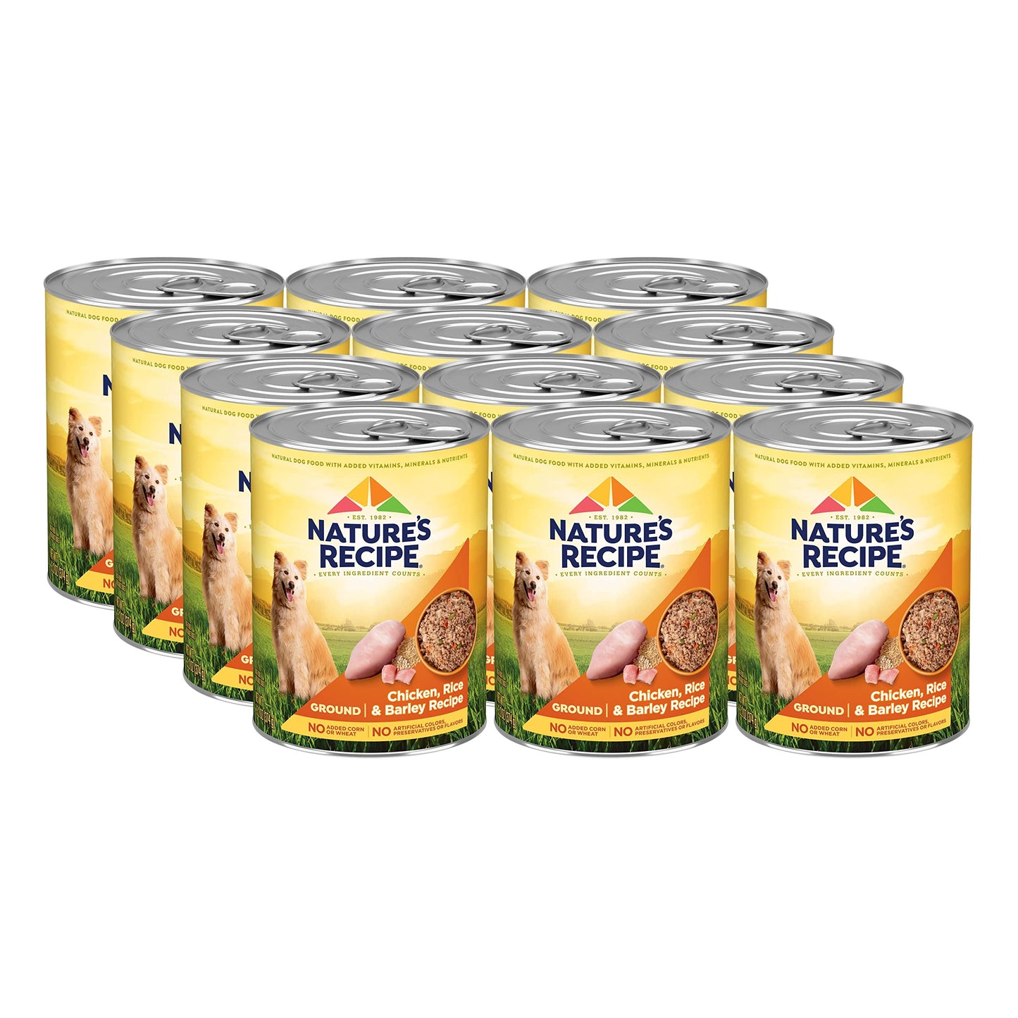 Nature's Recipe Alimento húmedo para perros con receta de pollo molido, arroz y cebada, 13.2 oz. Lata, 12 unidades.