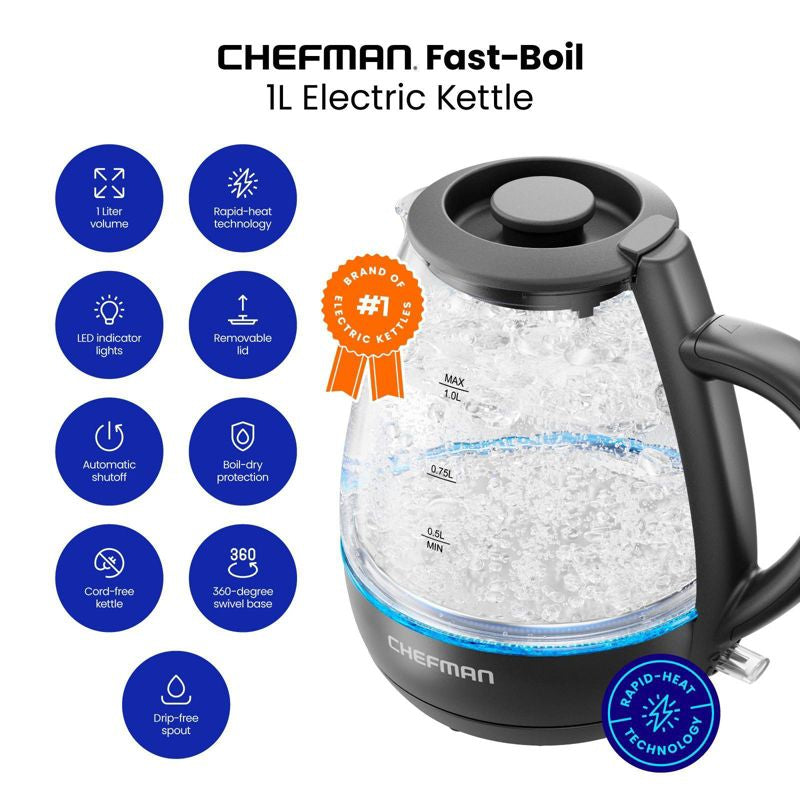 Hervidor de cocción rápida Chefman de 1 L con apagado automático - Negro