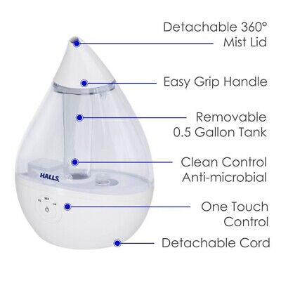 Humidificador de gotas Grúa + HALLS, 0,5 GALONES, transparente/blanco