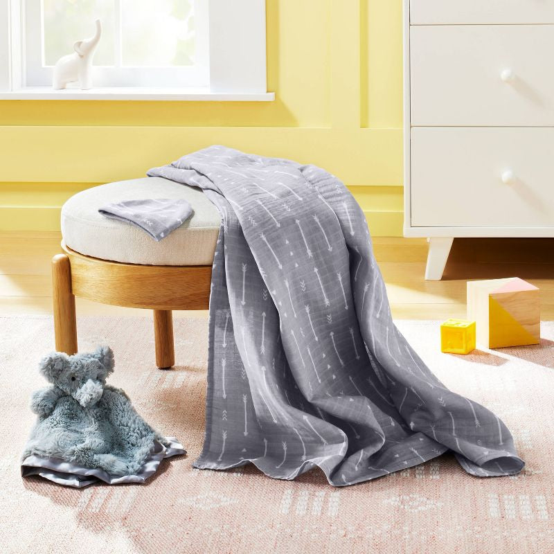 Juego de regalo de manta y gorro de bebé con envoltura de muselina del hospital - Flecha gris - 2 piezas - Cloud Island™