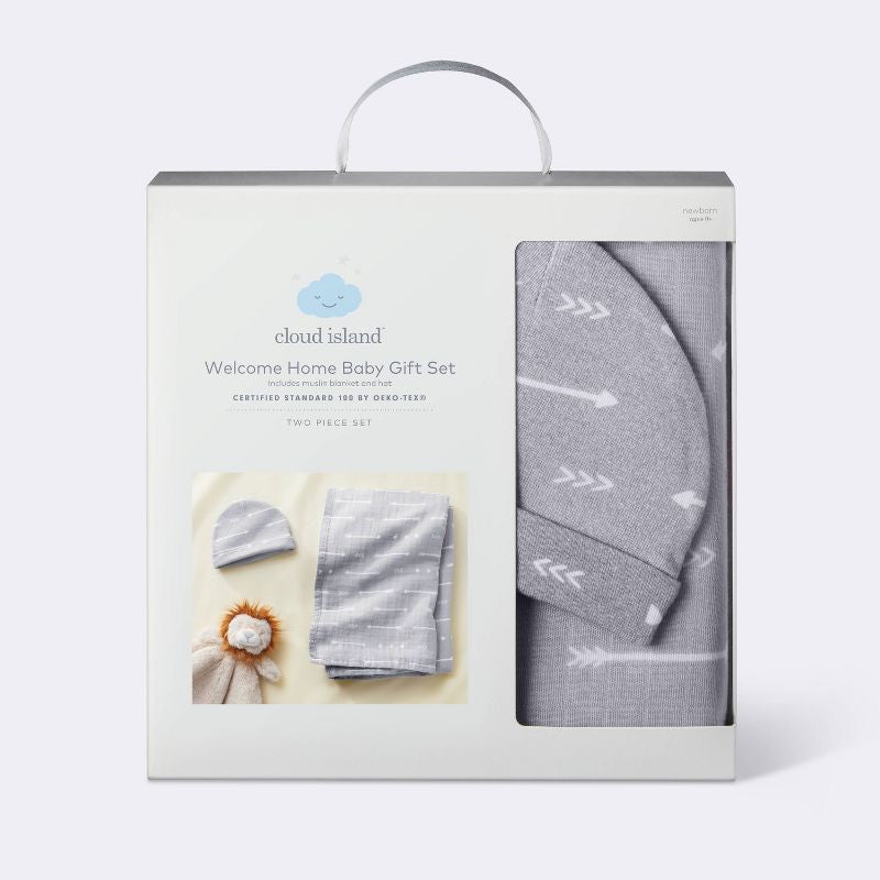 Juego de regalo de manta y gorro de bebé con envoltura de muselina del hospital - Flecha gris - 2 piezas - Cloud Island™