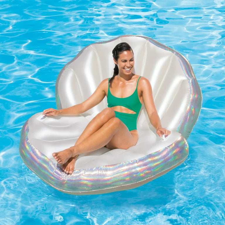 Flotador de piscina de conchas holográficas inflables de día de juego, plata holográfica, para adultos, unisex