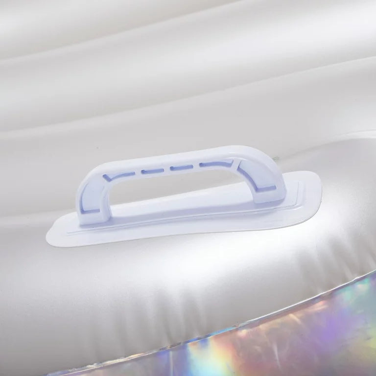 Flotador de piscina de conchas holográficas inflables de día de juego, plata holográfica, para adultos, unisex
