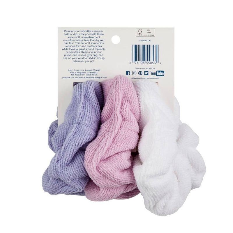 Scrunchies de toalla de microfibra ultra absorbentes Conair - Blanco/Rosa/Púrpura - 3 piezas