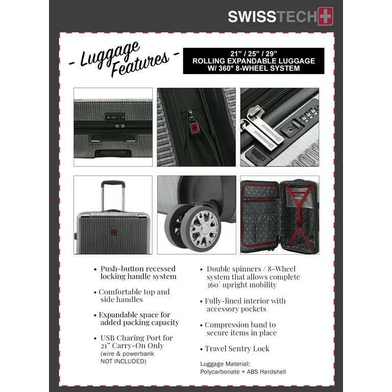 Maleta - Equipaje facturado Swisstech Excursion 25" Expandable Hardside Rolling Spinner - Carbón