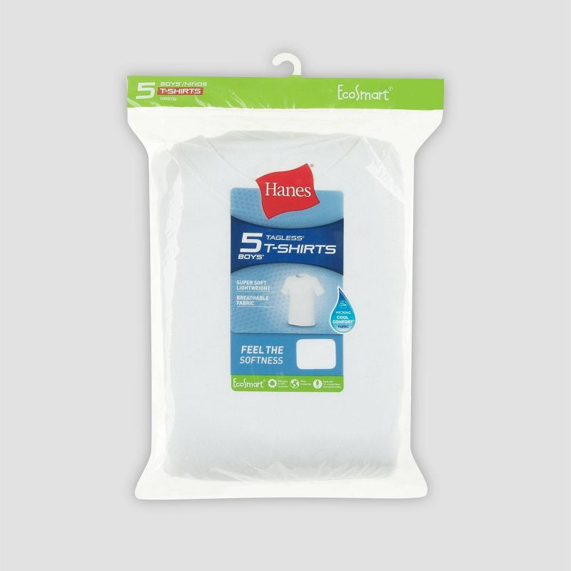 Camiseta de cuello redondo de 5 piezas de Hanes para niños - Blanco- talla 14/16