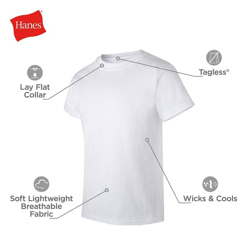 Camiseta de cuello redondo de 5 piezas de Hanes para niños - Blanco- talla 14/16